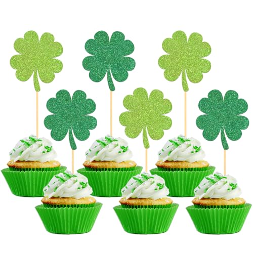 24 Stück Glitzer Vierblättrige Blatt Cupcake toppers, St. Patrick's Day Kuchendeko für Irische St Patricks Day Party Dekoration (Kleeblatt Grün) von Moitkptt