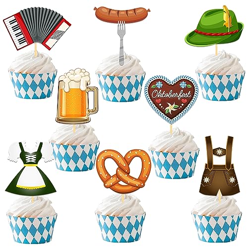 24 Stück Oktoberfest Cupcake Topper, Oktoberfest Tortendeko, Bierfest Party Picker, Deutsches Bierfest Kuchendeko für Oktoberfest Deko, Bayerische Party Dessert Dekorationen von Moitkptt