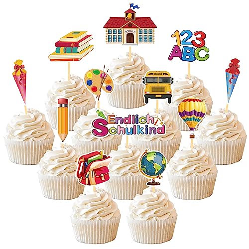 24 Stück Schulanfang Tortendeko, Schuleinführung deko Cupcake Topper, Endlich Schulkind Tortendeko Einschulung, Einschulung deko mädchen für Schulkind 2023 deko Schulanfang Party Dekoration (Schule) von Moitkptt