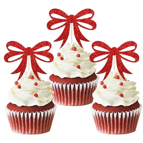 24 Stück Weihnachtskuchen-Dekoration, Pailletten, Cupcake-Topper, Dekoration für Kuchen, Frohe Weihnachten, Weihnachtsdekoration für Weihnachtsfeier, Dessert, Kuchen, Deko für Weihnachten (Schleife von Moitkptt