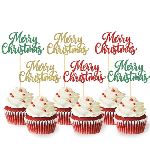 24 Stück Weihnachtskuchen-Dekoration, Pailletten, Cupcake-Topper, Dekoration für Kuchen, Frohe Weihnachten, Weihnachtsdekoration für Weihnachtsfeier, Dessert, Kuchendekoration für Weihnachten von Moitkptt