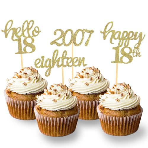 24 Stück glitzernde Cupcake-Topper zum 18. Geburtstag für Feiern des 18. Geburtstagsparty-Dekorationen für achtzehn Jahre alte Geburtstagsparty-Zubehör (Gold) von Moitkptt