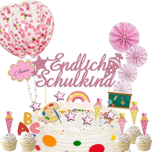 25 Stück Schulanfang Tortendeko, Tortendeko Einschulung, Einschulung Deko Kuchen Papierfächer für Junge und Mädchen Schulanfang Party Dekoration (Rosa) von Moitkptt