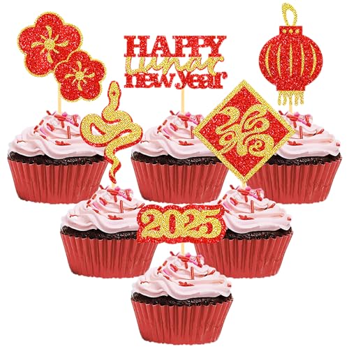 30 Stück Glitzer Frohes Neues Jahr Cupcake Toppers, Tortendeko Chinesischen Neujahr, Frühlingsfest Kuchendekorationen für Chinesisches Neujahrsdeko, Silvesterdeko Party (Happy Lunar New Year) von Moitkptt