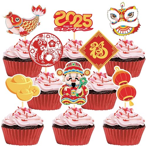 48 Stück Frohes Neues Jahr Cupcake Toppers, Tortendeko Chinesischen Neujahr, Frühlingsfest Kuchendekorationen für Chinesisches Neujahrsdeko, Silvesterdeko Party (Lunar New Year 2) von Moitkptt