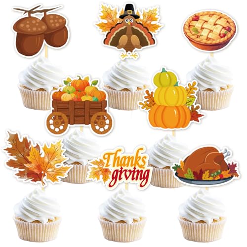 Cupcake-Topper für Thanksgiving-Day-Dekorationen, 32 Stück, Kuchendekoration, Türkei, Kürbis, Ahorn für Thanksgiving-Partyzubehör (gemischt B) von Moitkptt