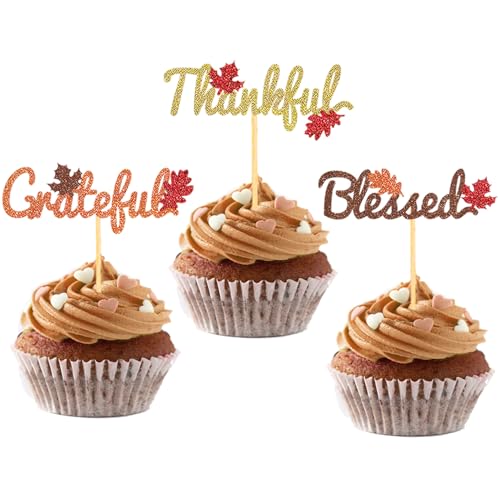 Cupcake-Topper für Thanksgiving-Tag-Dekorationen, "Thank Blessed Grateful", für Thanksgiving-Partyzubehör, 24 Stück (gemischt C) von Moitkptt