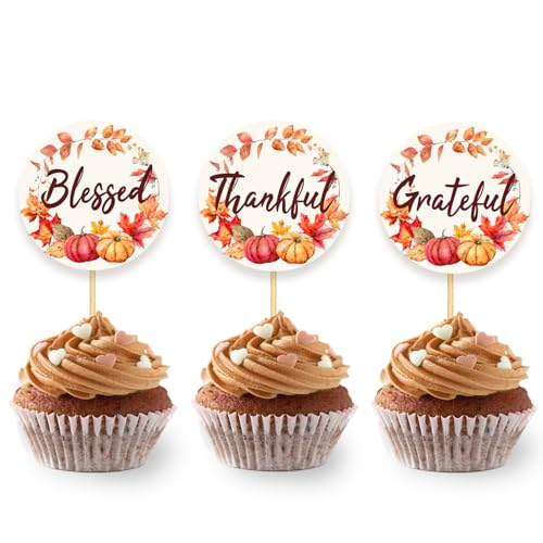 Cupcake-Topper für Thanksgiving-Tag-Dekorationen, "Thank Blessed Grateful", für Thanksgiving-Partyzubehör, Kreis, 24 Stück von Moitkptt