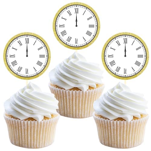 Cupcake-Topper mit Mitternachtsuhr, Happy New Year Cake Picks, 2025 Silvester-Kuchenaufsatz für Silvester, 2025 Silvester, Party-Dekorationen (Uhr B), 24 Stück von Moitkptt