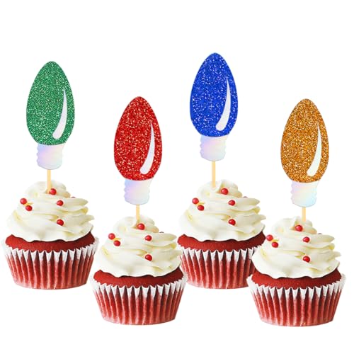 Glitzernde Cupcake-Topper mit Weihnachtsbeleuchtung, Frohe Weihnachten, Kuchendekorationen für Weihnachtsfeier, Neujahrszeremonie, Party-Kuchendekorationen, Zubehör (Licht), 24 Stück von Moitkptt