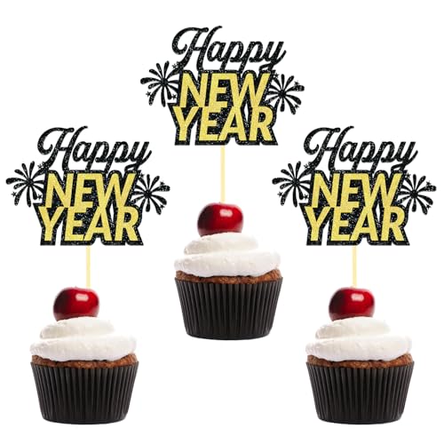 24 Stück Glitzer Happy New Year 2025 Cupcake Topper, Tortendeko Frohes neues Jahr für Neujahrsdeko, Silvesterdeko Party (Gold) von Moitkptt