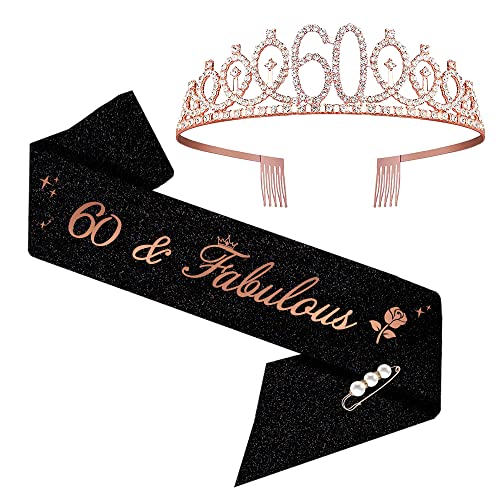 Moitkptt 60 Geburtstag Tiara, 60 & Fabelhafte Geburtstag Krone Schärpe Set, 60 Geburtstag Dekoration für 60 Geburtstag Frauen Happy 60 Geburtstag Geschenk Party Supplies (Roségold) von Moitkptt