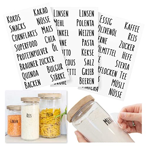 Mokali® Küchenetiketten-Set für Vorratsgläser, hochwertige Klebeschrift schwarz (47 Labels) zum Beschriften von Vorratsgläsern und Behältern in der Küche, spülmaschinengeeignet (Schriftart 1) von Mokali