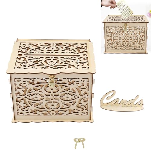 Hochzeitskarten Box Gold, Hochzeit Kartenbox Holz, Geschenkkartenbox Wedding mit Schloss, 25x20x18,3 cm, Geschenkkarten box, Hochzeitsbox Geschenkkarten Box, für Hochzeitsumschlag, Party-Dekorationenf von Mokernali