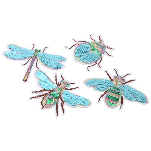 Stickerei Aufnäher, 4er Set Insekten Stickapplikationen, Libelle, Käfer, Biene, Zikade, Niedliche Stickerei Patches mit Pailletten, DIY Kleidung Dekoration, Nähpatch für Applikatio von Mokernali