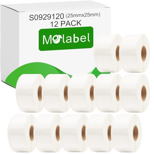 Molabel - 12 Rollen vielseitige kleine Etiketten, kompatibel mit DYMO S0929120, 25mm x 25mm, 9000 selbstklebende Etiketten, geeignet für DYMO LabelWriter von Molabel