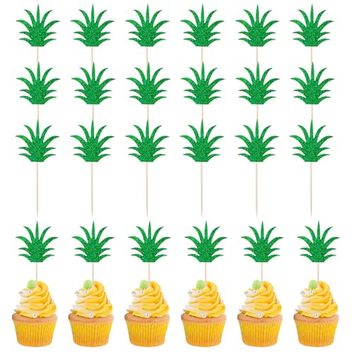 Molain 24Stück Ananasblatt Cupcake Topper, Tortendeko Geburtstag, Cupcake Topper Glitzernde Grüne Ananas Deko Tropische Muffin Topper für Poolparty Sommerparty Cake Dekoration Ananas-Themenfeste von Molain