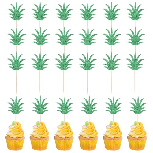 Molain 24Stück Ananasblatt Cupcake Topper, Tortendeko Geburtstag, Cupcake Topper Glitzernde Grüne Ananas Deko Tropische Muffin Topper für Poolparty Sommerparty Cake Dekoration Ananas-Themenfeste von Molain