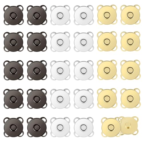 Molain 30 Paare Magnetverschluss Tasche, 14mm Metall Magnetknöpfe Druckknöpfe zum Annähen Magnetische Knopf Pflaumenförmiger Magnetverschluss Schwarz Silber Gold für Geldbörsen Handtaschen von Molain