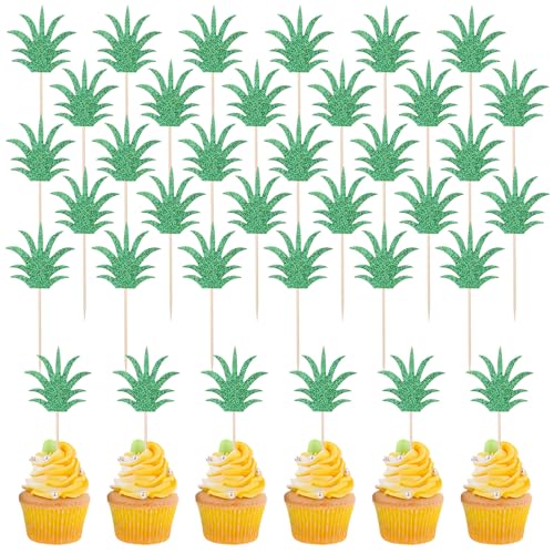 Molain 36Stück Ananasblatt Cupcake Topper, Tortendeko Geburtstag, Cupcake Topper Glitzernde Grüne Ananas Deko Tropische Muffin Topper für Poolparty Sommerparty Cake Dekoration Ananas-Themenfeste von Molain