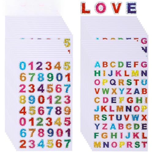 Molain 40 Blätter Buchstaben Aufkleber Zahlenaufkleber, Glitzer Zahlensticker Selbstklebend Buchstaben Sticker Bunte Buchstabenaufkleber für Hochzeit Geburtstag Briefkasten DIY Scrapbooking von Molain