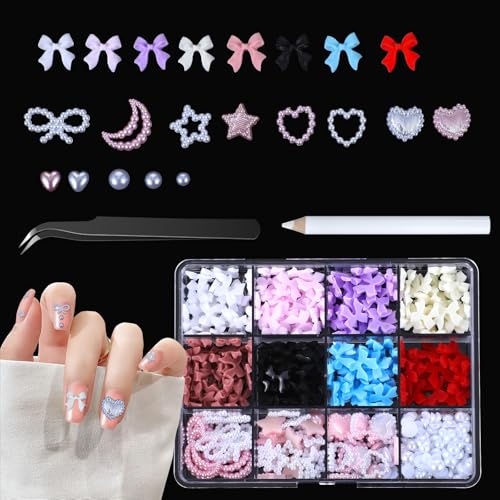 Molain 500 Stück 3D Nagel Charms, Multi Shapes Bowknot Pearls Nail Decorations nagel deko Bow nail charms für Nagelkunst-Dekorationen, Designs, DIY-Bastelzubehör von Molain