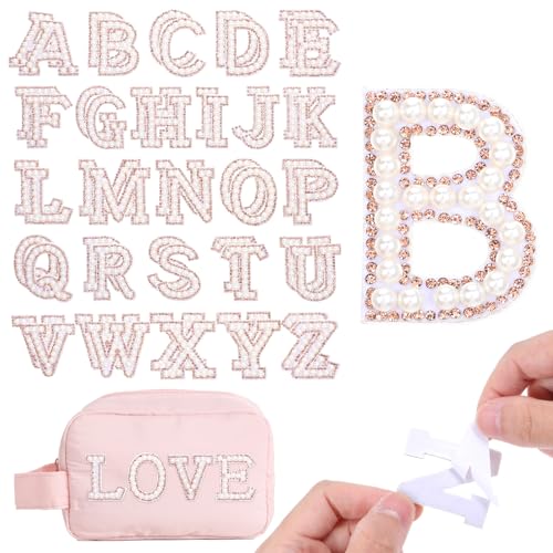 Molain 52 Stück Perlen Strass Buchstaben Patches A-Z Selbstklebende Glitzer Alphabet Aufkleber Bling Initiale Applikationen für DIY Kleidung Taschen Hüte (Weiß, Gold) von Molain