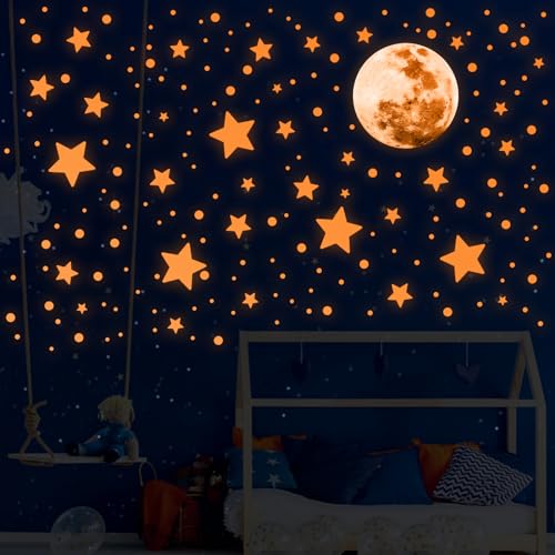 Molain 538pcs Leuchtsterne Wandtattoo, Kinderzimmer Wandtattoo, Sterne Mond Leuchtend Aufkleber Wandsticker Selbstklebend kinder Wand Sternenhimmel Leuchtsticker Schlafzimmer Wandtattoo (orange) von Molain