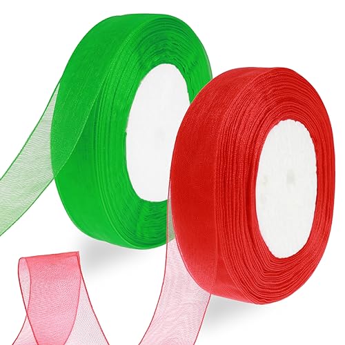 Molain Geschenkband Weihnachten, 2 Rollen 20mm*45 M Schleifenband Transparent Rot und Grün Xmas Satinband Stoffband für Geschenkverpackung Weihnachtsbaum Dekoration Weinachts Dekoration Stirnband von Molain