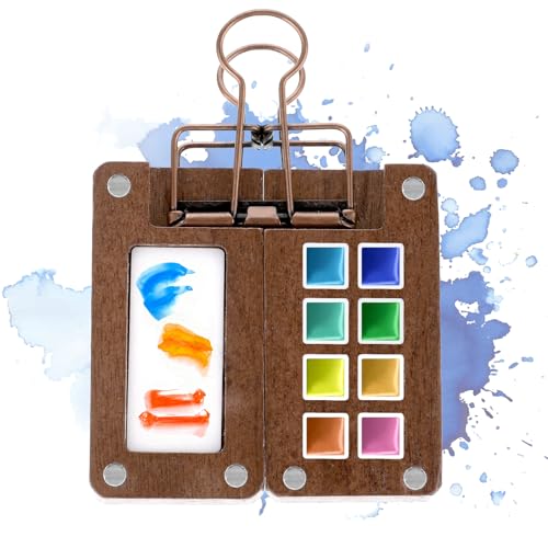 Molain Skizzenbuch Palette aus Holz, Tragbare Aquarell Palette, Tragbare Skizzenbuch-Palette mit 8 Fächern Mini-Holzpalettenbo Zusammenklappbare Magnetpalette mit Clip für Aquarell Gouache Acrylfarbe von Molain