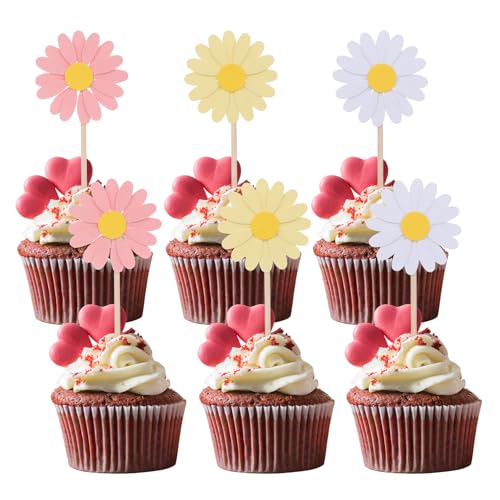 Molain Tortendeko Gänseblümchen, 24 Stück Gänseblümchen Blumen Pappbecher Kuchendeko, Tortenaufleger für Happy Birthday Cupcake Toppers Für Geburtstag Baby Dusche Hochzeitstorte Deko(Rosa+Weiß+Gelb) von Molain