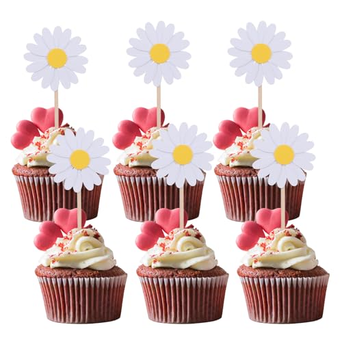 Molain Tortendeko Gänseblümchen, 24 Stück Gänseblümchen Blumen Pappbecher Kuchendeko, Tortenaufleger für Happy Birthday Cupcake Toppers Für Geburtstag Baby Dusche Hochzeitstorte Deko(Weiß) von Molain