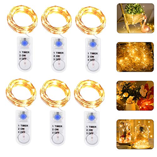 6 Stück Micro LED Lichterkette mit Batterie, 2 Meter 20er Micro Lichterkette außen Batterie, IP65 Wasserdicht Drahtlichterkette für Party, Weihnachten, Halloween, Hochzeit (Warmweiß+Timer) von Molbory