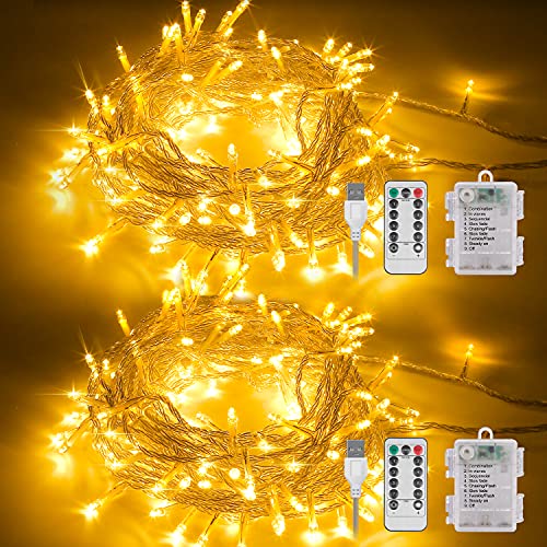 Lichterkette Batterie Außen, 2 X 12M 120 LED USB Lichterkette mit Timer und Fernbedienung 8 Modi Dimmbar Batterie betrieben Lichterkette Außen Innen für Zimmer Weihnachten Weihnachtsbaum - Warmweiß von Molbory