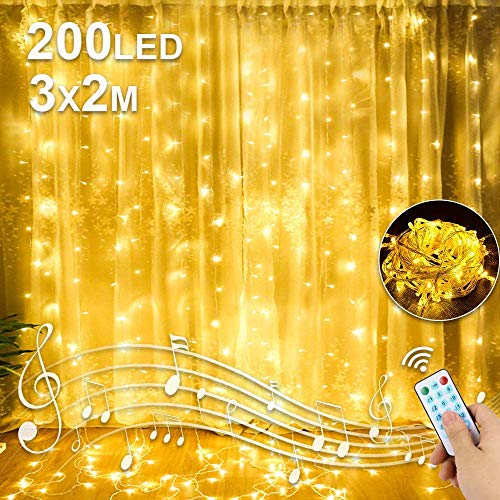 Molbory LED USB Lichtervorhang 3m x 2m, 200 LEDs Lichterketten Vorhang mit Fernbedienung & Timer 8 Lichtmodelle und 4 Musiksteuerungsmodi für Partydekoration deko,Innenbeleuchtung,Warmweiß von Molbory