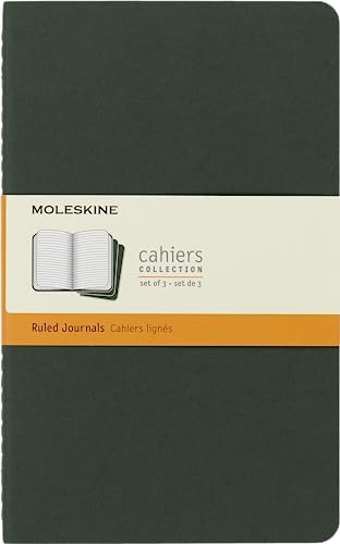 Moleskine Cahier Journal, Set 3 Notebooks with Ruled Pages, Cardboard Cover with Visible Cotton Stiching, Colour Myrtle Green, Large 13 x 21 cm, 80 Pages von Moleskine