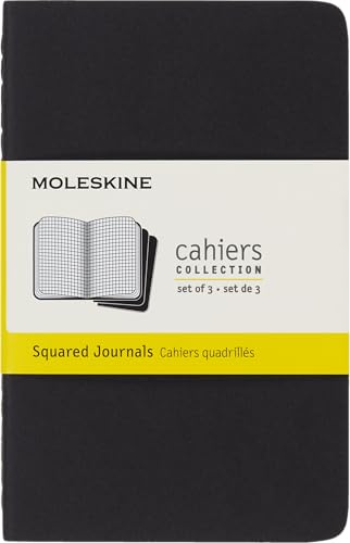 Moleskine Cahier Journal, Set von 3 Heften mit karierten Seiten, Kartonumschlag und sichtbarer Baumwollnaht, Format 9 x 14 cm, 64 Seiten, Farbe Schwarz von Moleskine