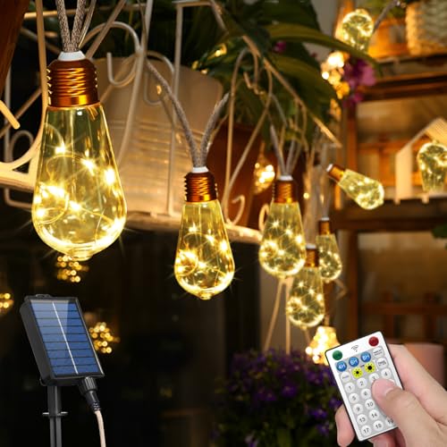 Solar Lichterkette Aussen mit 24 Glühbirnen,10M solarlichterkette außen wetterfest 19 Modi solar lichterkette outdoor Vintage Hanfseil lichterkette außen für Garten,Party,Hochzeit (Tropfenförmige) von Molfanco