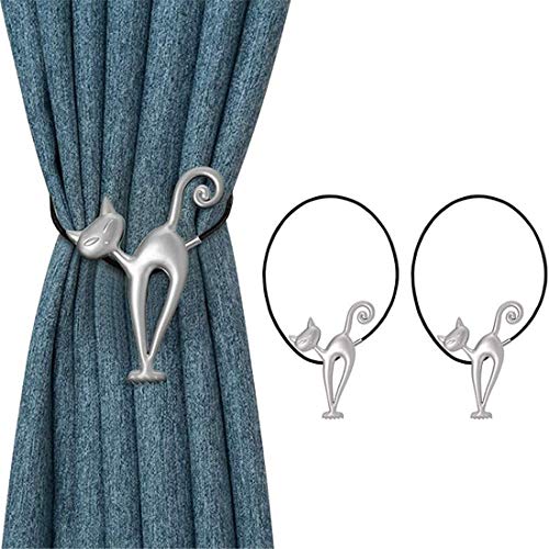 Molinter Vorhang Raffhalter Magnetisch Vorhangseil Clip Halter Holdbacks Süße Katze Gardinenklammern mit Starken Magnet für Heimtextilien 2 Stück (Silver) von Molinter