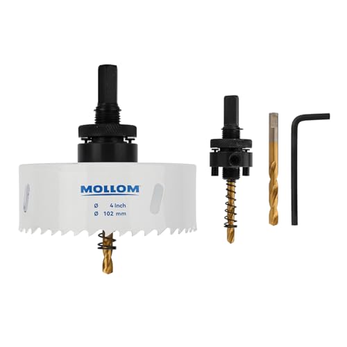 Mollom (102mm | 4") HSS M42 mit 8% Kobalt Bi-Metall-Lochsäge mit 2 Zentrierbohrern & Aufnahme, glatter Schnitt für PVC, Trockenbau, Holz, Kunststoff, Gipskarton, Gummiprojekte von Mollom