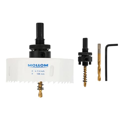 Mollom (108mm | 4-1/4") HSS M42 mit 8% Kobalt Bi-Metall-Lochsäge mit 2 Zentrierbohrern & Aufnahme, glatter Schnitt für PVC, Trockenbau, Holz, Kunststoff, Gipskarton, Gummiprojekte von Mollom