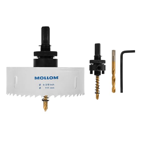 Mollom (111mm | 4-3/8") HSS M42 mit 8% Kobalt Bi-Metall-Lochsäge mit 2 Zentrierbohrern & Aufnahme, glatter Schnitt für PVC, Trockenbau, Holz, Kunststoff, Gipskarton, Gummiprojekte von Mollom