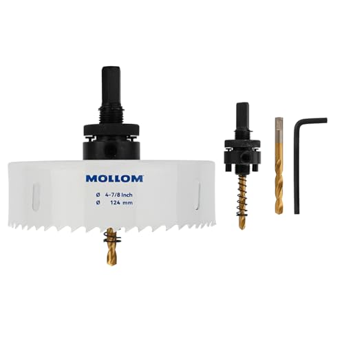 Mollom (124mm | 4-7/8") HSS M42 mit 8% Kobalt Bi-Metall-Lochsäge mit 2 Zentrierbohrern & Aufnahme, glatter Schnitt für PVC, Trockenbau, Holz, Kunststoff, Gipskarton, Gummiprojekte von Mollom