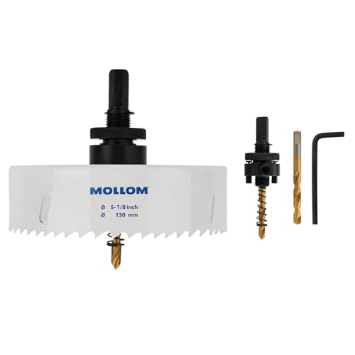 Mollom (130mm | 5-1/8") HSS M42 mit 8% Kobalt Bi-Metall-Lochsäge mit 2 Zentrierbohrern & Aufnahme, glatter Schnitt für PVC, Trockenbau, Holz, Kunststoff, Gipskarton, Gummiprojekte von Mollom