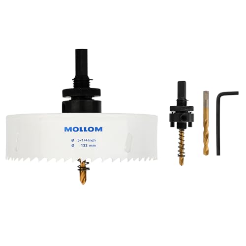 Mollom (133mm | 5-1/4") HSS M42 mit 8% Kobalt Bi-Metall-Lochsäge mit 2 Zentrierbohrern & Aufnahme, glatter Schnitt für PVC, Trockenbau, Holz, Kunststoff, Gipskarton, Gummiprojekte von Mollom