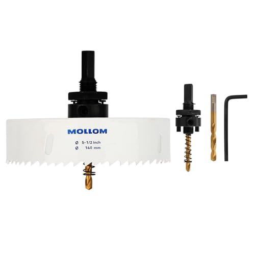 Mollom (140mm | 5-1/2") HSS M42 mit 8% Kobalt Bi-Metall-Lochsäge mit 2 Zentrierbohrern & Aufnahme, glatter Schnitt für PVC, Trockenbau, Holz, Kunststoff, Gipskarton, Gummiprojekte von Mollom