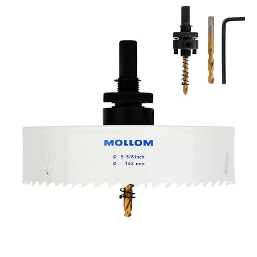 Mollom (143mm | 5-5/8") HSS M42 mit 8% Kobalt Bi-Metall-Lochsäge mit 2 Zentrierbohrern & Aufnahme, glatter Schnitt für PVC, Trockenbau, Holz, Kunststoff, Gipskarton, Gummiprojekte von Mollom