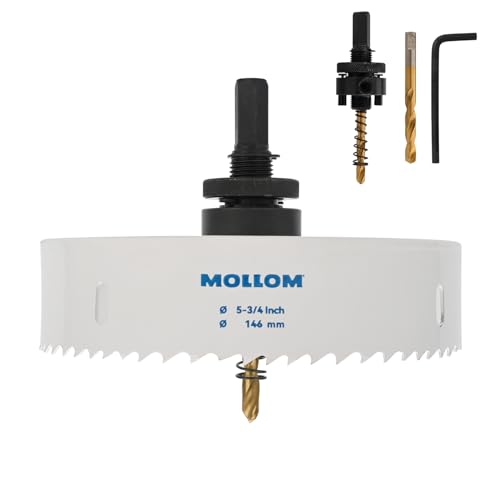 Mollom (146mm | 5-3/4") HSS M42 mit 8% Kobalt Bi-Metall-Lochsäge mit 2 Zentrierbohrern & Aufnahme, glatter Schnitt für PVC, Trockenbau, Holz, Kunststoff, Gipskarton, Gummiprojekte von Mollom