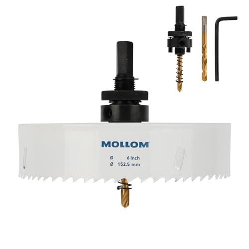 Mollom (152.5mm | 6") HSS M42 mit 8% Kobalt Bi-Metall-Lochsäge mit 2 Zentrierbohrern & Aufnahme, glatter Schnitt für PVC, Trockenbau, Holz, Kunststoff, Gipskarton, Gummiprojekte von Mollom