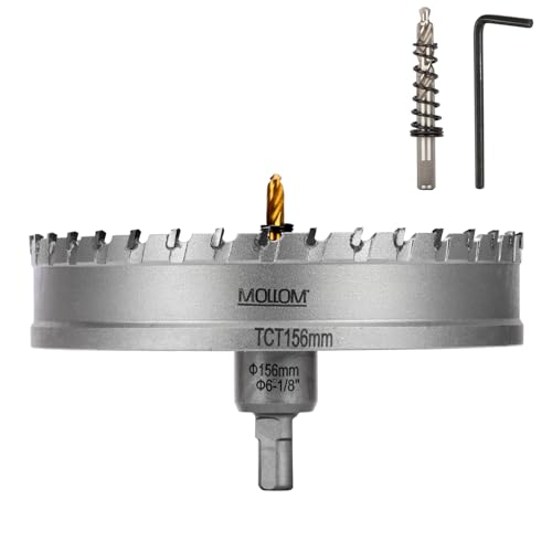 Mollom (156mm | 6-1/8'') Lochsäge T.C.T Schwerlast-Hartmetall-bestückt mit 2 Führungsbohrern für Edelstahl, Baustahl, Eisen, Kupfer, Messing, Kunststoff von Mollom